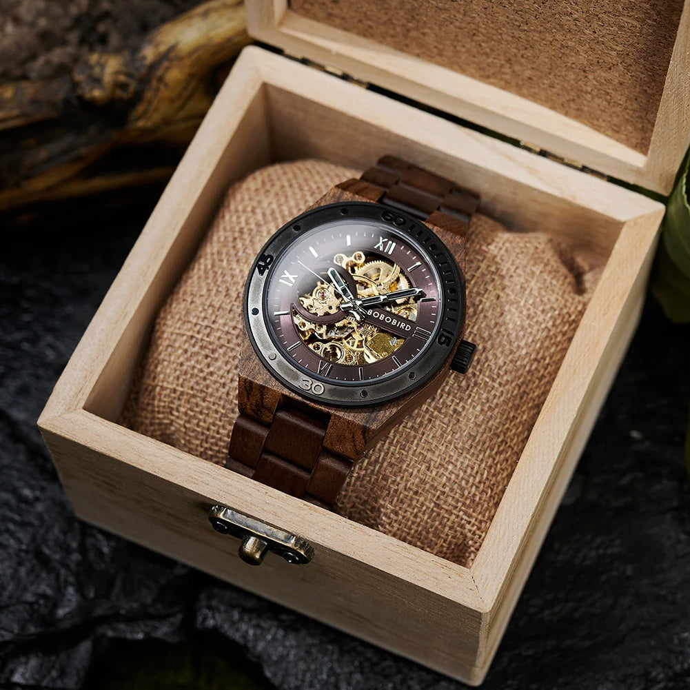 BOBO BIRD Men's Luxury Mechanical Wooden Wristwatch with Gift Box