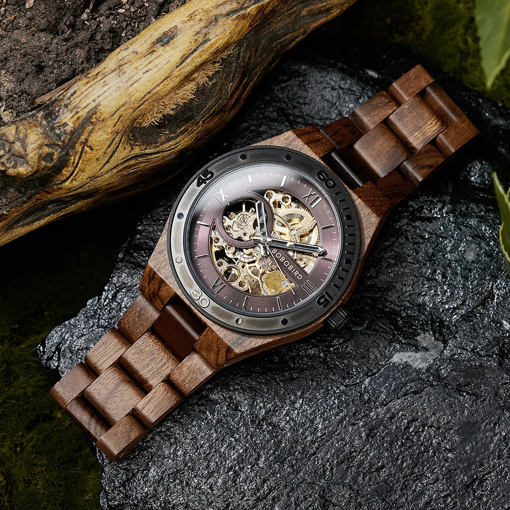 BOBO BIRD Men's Luxury Mechanical Wooden Wristwatch with Gift Box