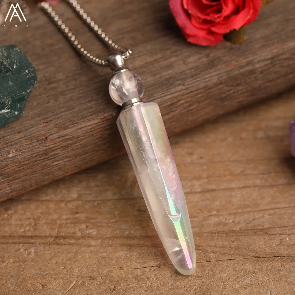 Natural Titanium AB White Quartz Tusk Point Perfume Bottle Pendant Necklace For Women Quartz Crystal Essential Oil Vial Jewelry