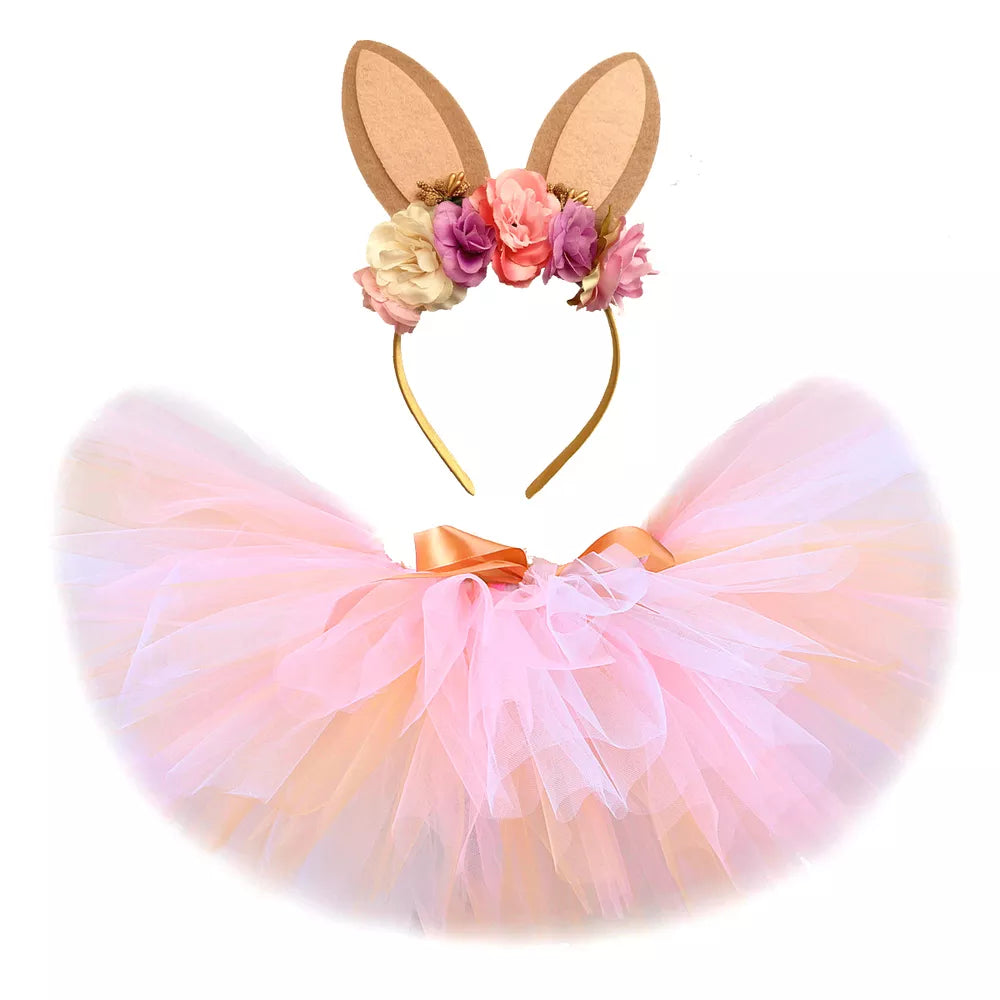 Infant & Toddler Girls Tutu Skirt with Floral Bunny Ears Headband