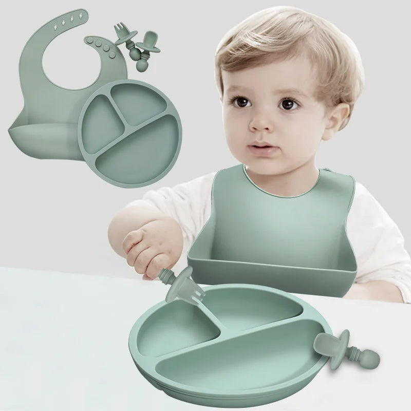 Newborn Stuff Silicone Baby Bibs Food Grade Toddler Silicone Dinner Plate Set Healthy Feeding Training Silicone Spoon For Kids