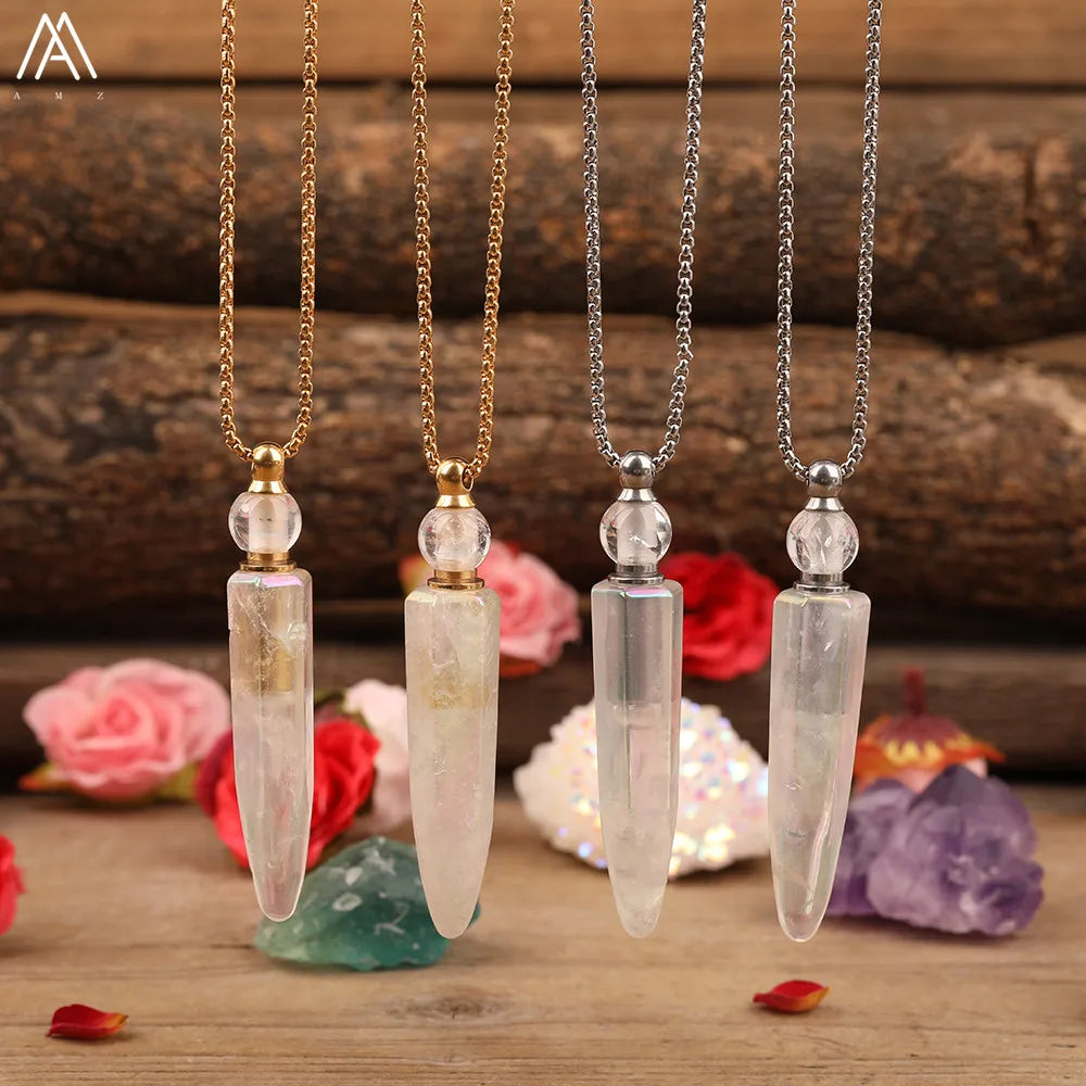 Natural Titanium AB White Quartz Tusk Point Perfume Bottle Pendant Necklace For Women Quartz Crystal Essential Oil Vial Jewelry