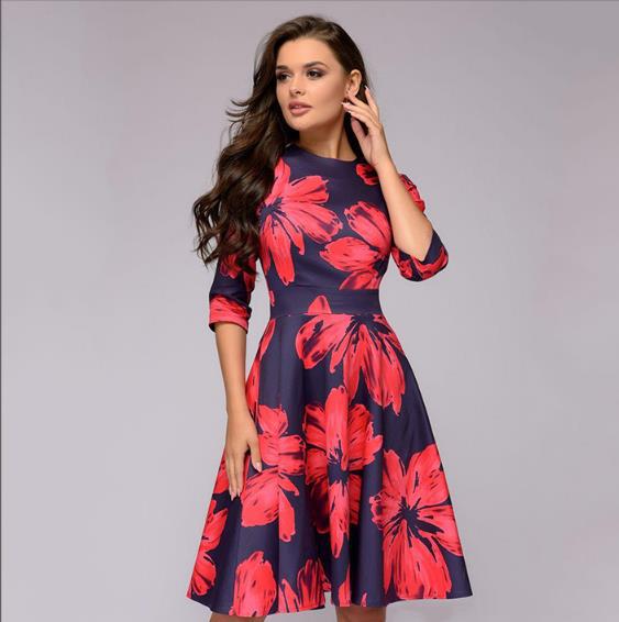 Women Retro Tunic 3/4 Long Sleeved Floral Print Bodycon Dresses Vintage Dress Elegant Ladies Dress