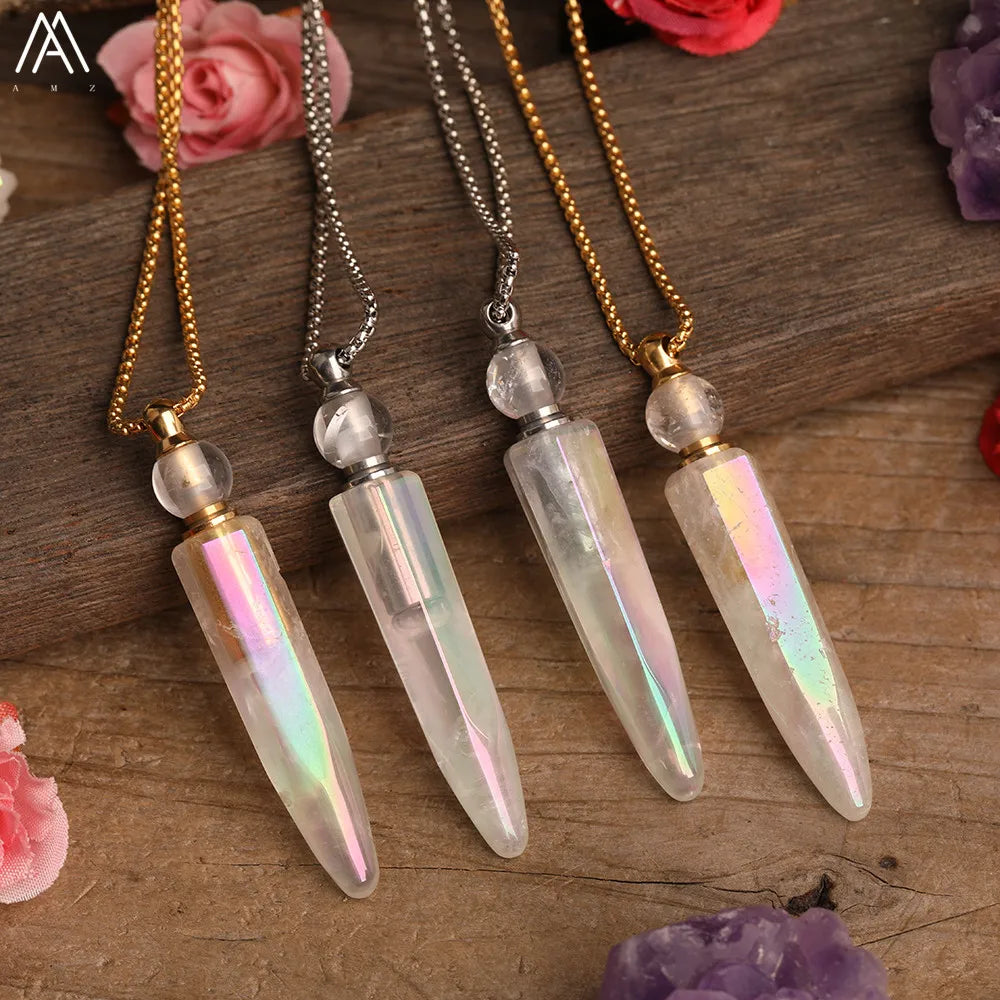 Natural Titanium AB White Quartz Tusk Point Perfume Bottle Pendant Necklace For Women Quartz Crystal Essential Oil Vial Jewelry