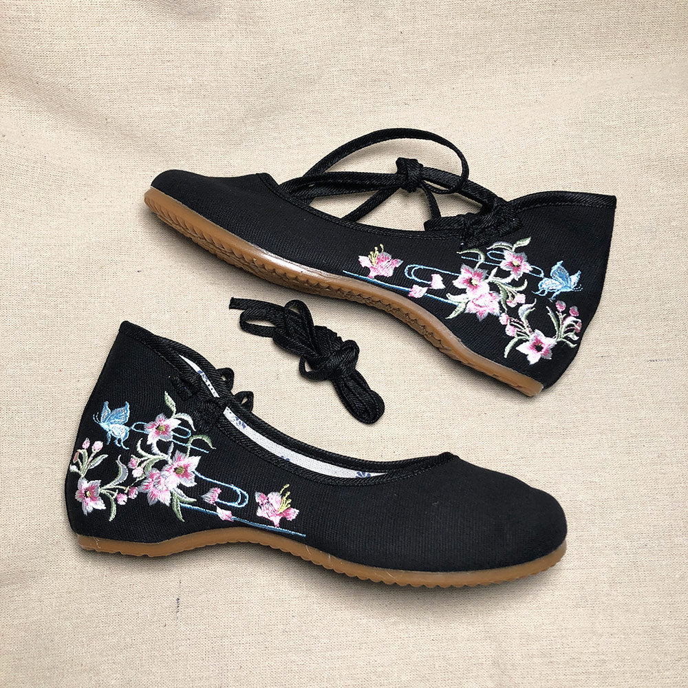 Veowalk Ankle Strap Women Canvas Embroidered Ballet Flats Ladies Comfortable Cotton Dance Ballerinas Vegan Muslem Shoes