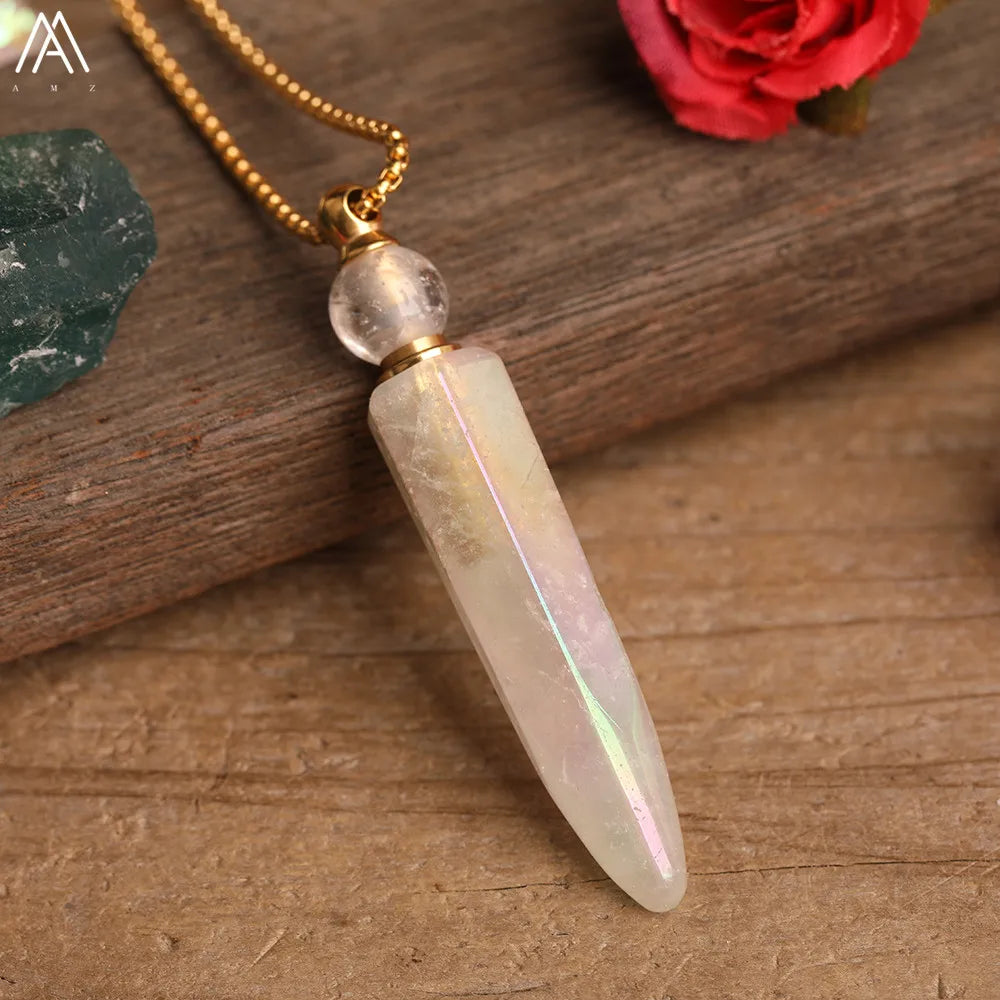 Natural Titanium AB White Quartz Tusk Point Perfume Bottle Pendant Necklace For Women Quartz Crystal Essential Oil Vial Jewelry