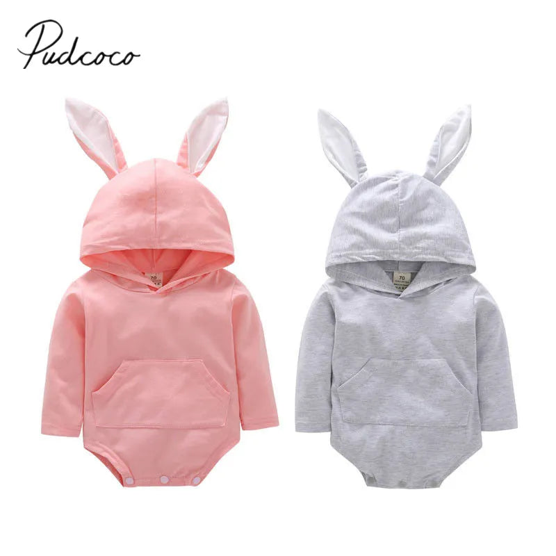 2020 Brand New 0-24M Newborn Infant Baby Boy Girl Easter Bodysuit Longsleeve Solid Color Bunny Ear Hooded Tail Jumpsuit Playsuit