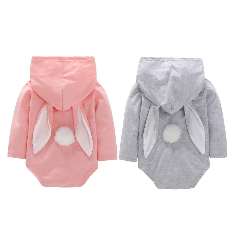 2020 Brand New 0-24M Newborn Infant Baby Boy Girl Easter Bodysuit Longsleeve Solid Color Bunny Ear Hooded Tail Jumpsuit Playsuit