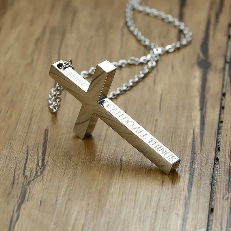 Man Cross Pendant Charm I Can Do All Things In silver color Tone Jesus Crucifix Religious Christians Men Necklace