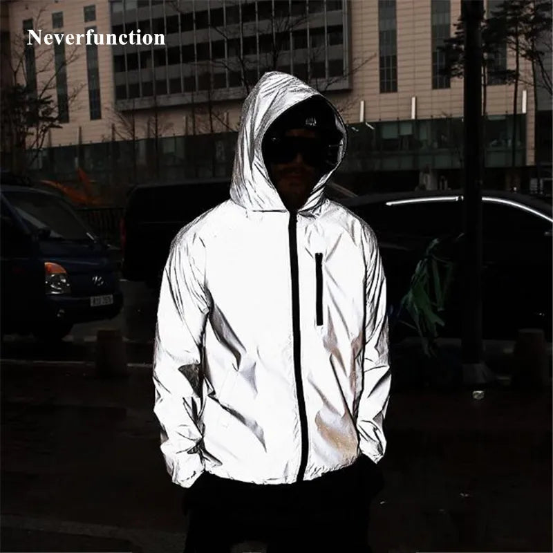 Plus Size 4XL Men Spring Autumn full reflective Windbreaker waterproof Jacket male High street hip hop Loose Hooded Coats