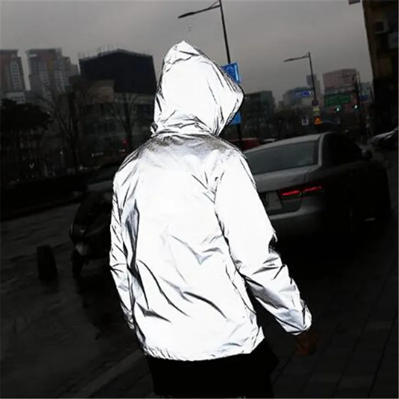 Plus Size 4XL Men Spring Autumn full reflective Windbreaker waterproof Jacket male High street hip hop Loose Hooded Coats