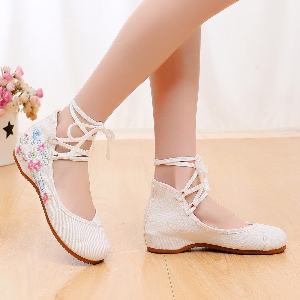 Veowalk Ankle Strap Women Canvas Embroidered Ballet Flats Ladies Comfortable Cotton Dance Ballerinas Vegan Muslem Shoes