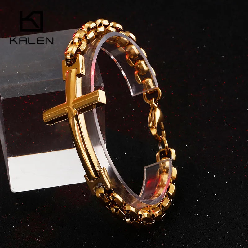 KALEN Stainless Steel Cross Bracelets For Men 22cm GoldMatte Crucifix Charm Box Chain Bracelet Religious Christ Jewelry