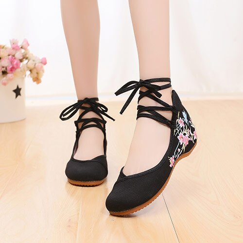 Veowalk Ankle Strap Women Canvas Embroidered Ballet Flats Ladies Comfortable Cotton Dance Ballerinas Vegan Muslem Shoes