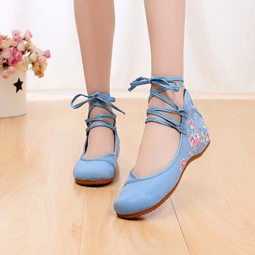 Veowalk Ankle Strap Women Canvas Embroidered Ballet Flats Ladies Comfortable Cotton Dance Ballerinas Vegan Muslem Shoes