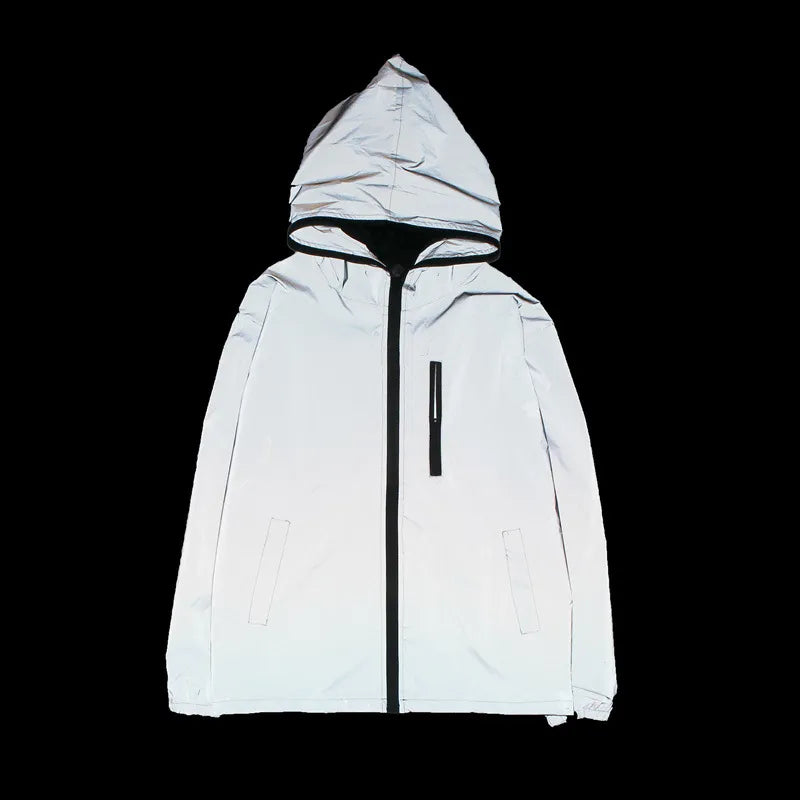 Plus Size 4XL Men Spring Autumn full reflective Windbreaker waterproof Jacket male High street hip hop Loose Hooded Coats