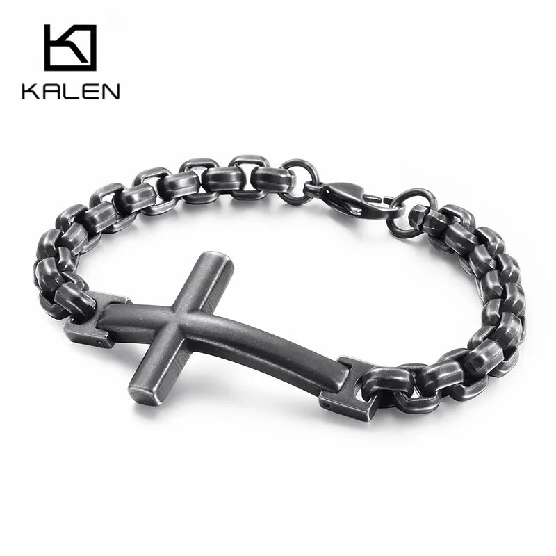 KALEN Stainless Steel Cross Bracelets For Men 22cm GoldMatte Crucifix Charm Box Chain Bracelet Religious Christ Jewelry