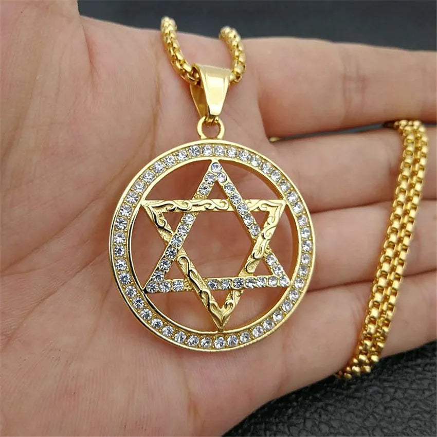 Religious Magen Star of David Pendants Necklace Gold Color Stainless Steel Hexagram Necklace Women/Men Iced Out Jewish Jewelry