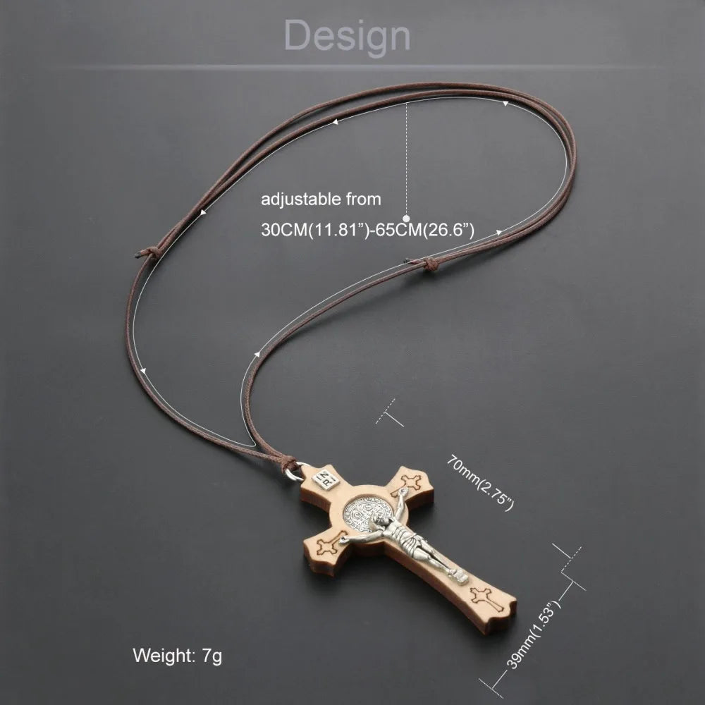 Religious Jesus CSPB Jewelry Rope Chains Olive Wood Saint Benedict Medal Cross Pendant Necklace for Women INRI colar MN235