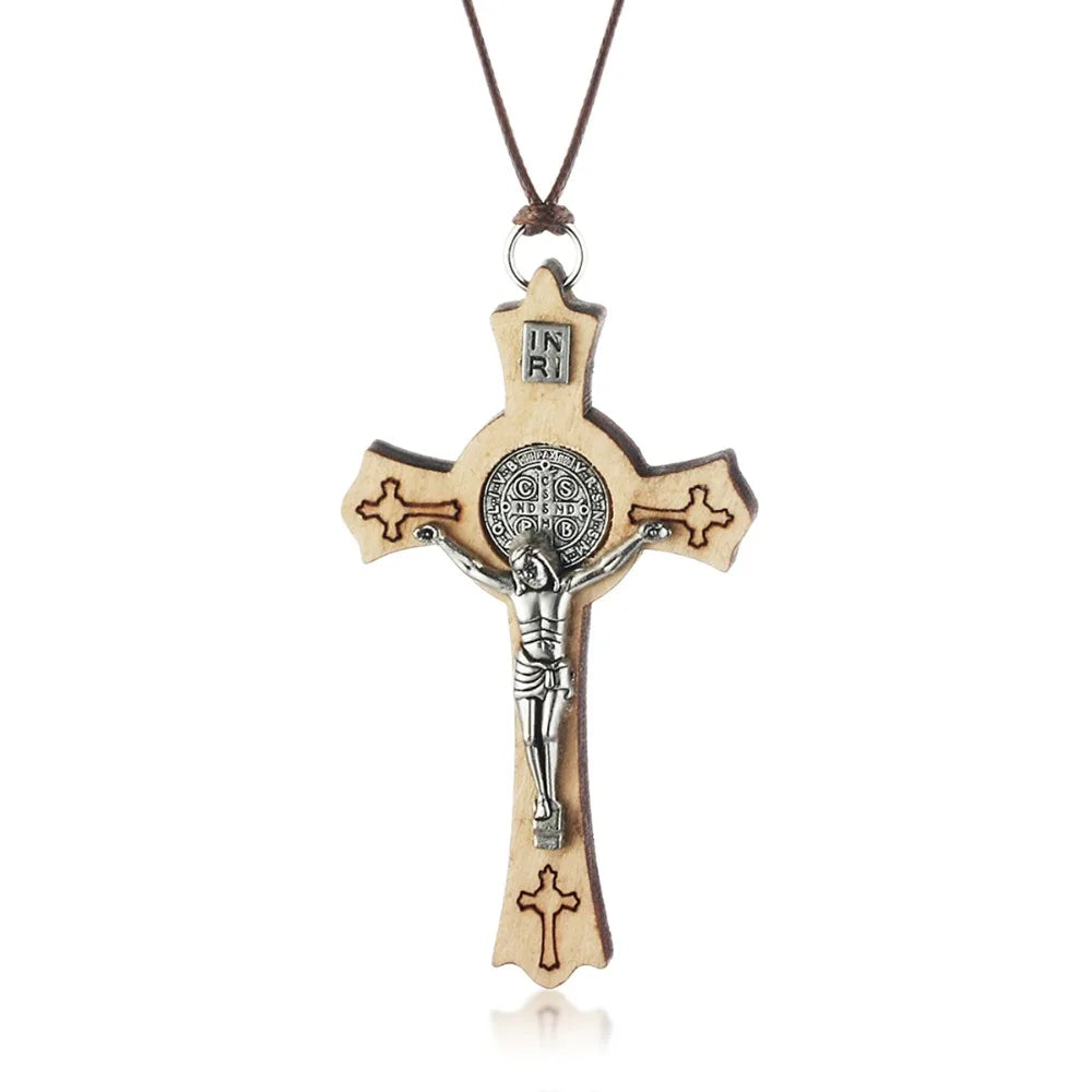 Religious Jesus CSPB Jewelry Rope Chains Olive Wood Saint Benedict Medal Cross Pendant Necklace for Women INRI colar MN235