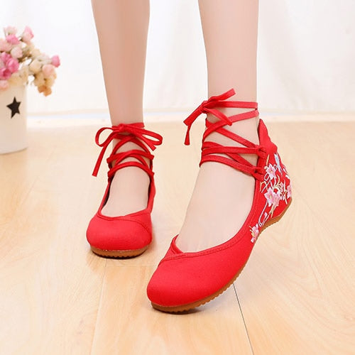 Veowalk Ankle Strap Women Canvas Embroidered Ballet Flats Ladies Comfortable Cotton Dance Ballerinas Vegan Muslem Shoes