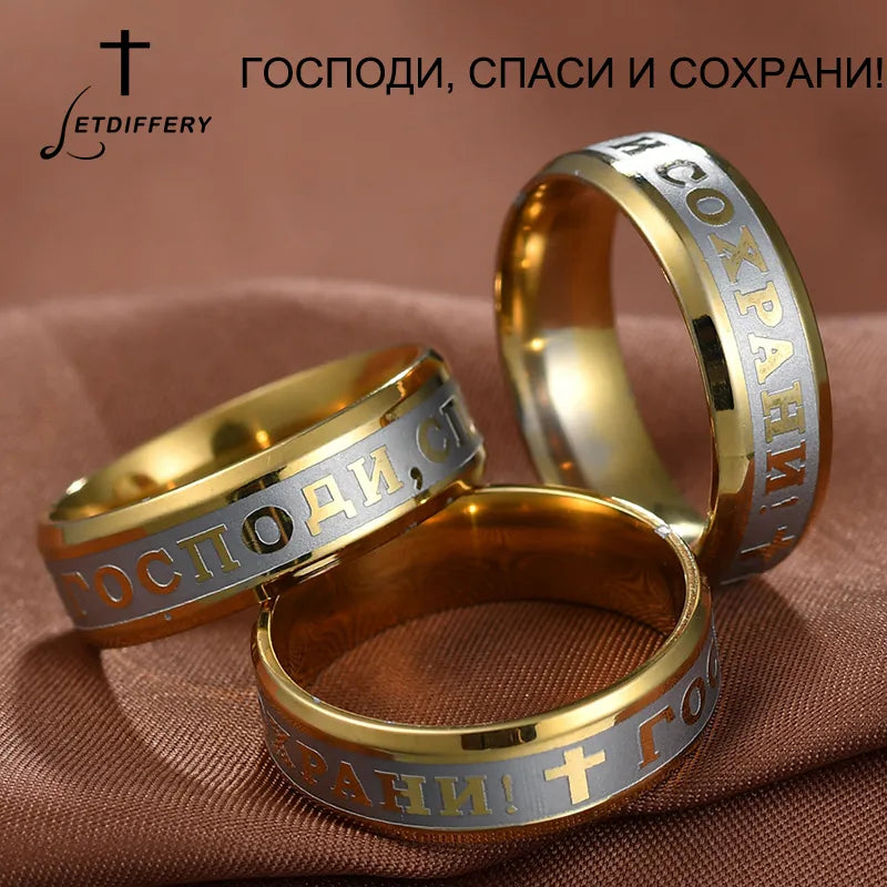 Letdiffery Religious Christian Midi Ring Stainless Steel Russian Jesus Cross Ring GOD SAVE US Amulet Ring for Men