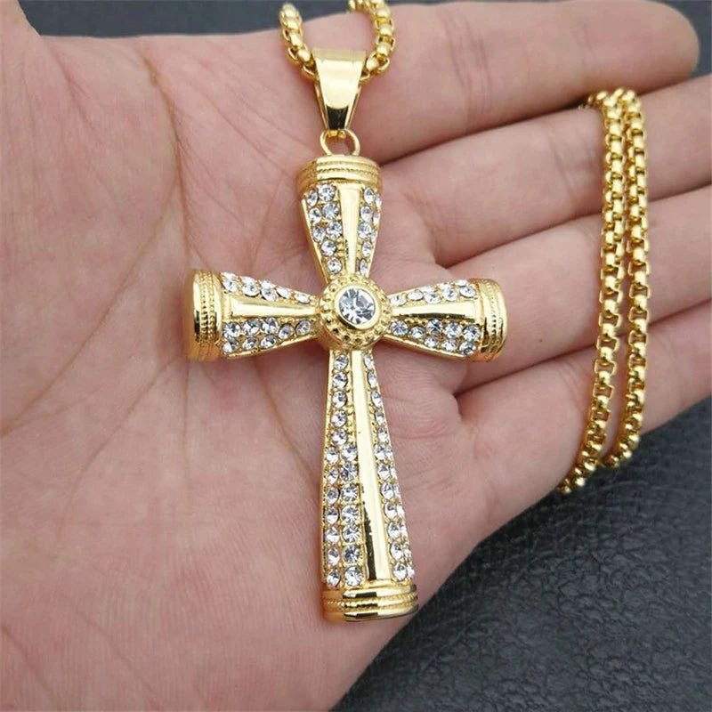 Religious Iced Out Bling Cross Pendants Necklaces For Women Men Gold Color Male Stainless Steel Christian Jewelry Dropshipping