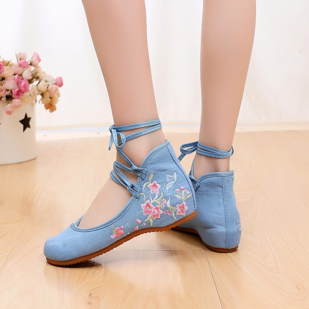 Veowalk Ankle Strap Women Canvas Embroidered Ballet Flats Ladies Comfortable Cotton Dance Ballerinas Vegan Muslem Shoes