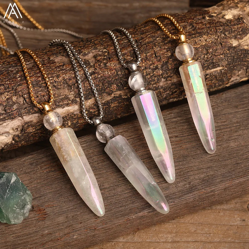 Natural Titanium AB White Quartz Tusk Point Perfume Bottle Pendant Necklace For Women Quartz Crystal Essential Oil Vial Jewelry