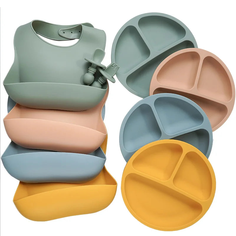 Newborn Stuff Silicone Baby Bibs Food Grade Toddler Silicone Dinner Plate Set Healthy Feeding Training Silicone Spoon For Kids