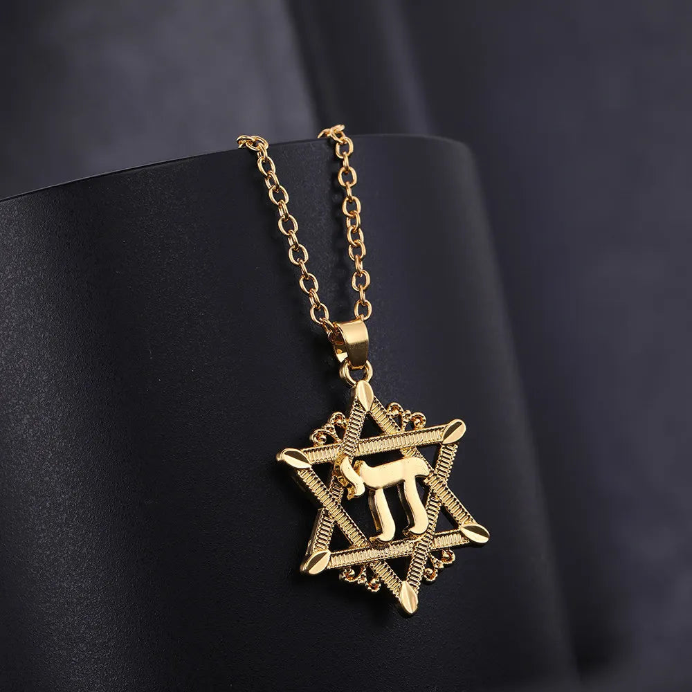 Lemegeton chai Pendant Necklace Men David Star Necklace Gold Color Chain Necklace Religious Symbols Jewelry Israel Jewish