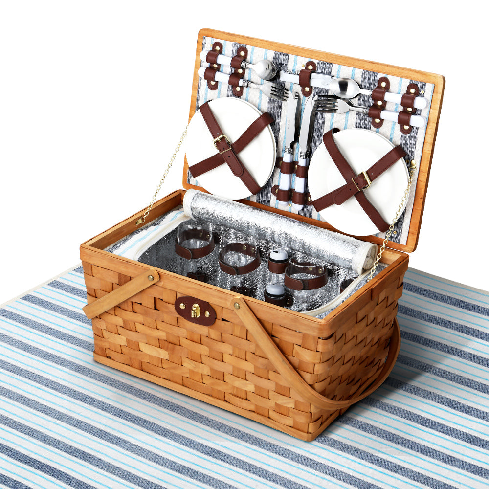 Alfresco Picnic Basket Set Wooden Cooler Bag 4 Person Outdoor Insulated Liquor-0