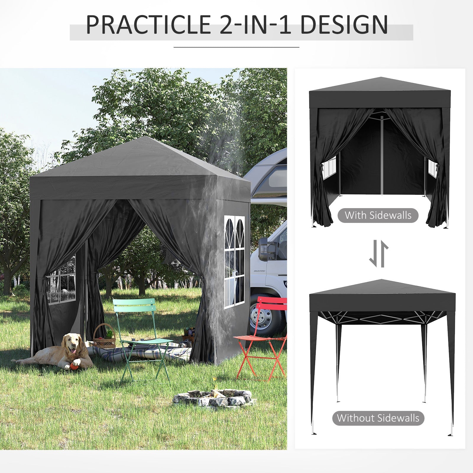 2x2m Garden Pop Up Gazebo Shelter Canopy w/ Removable Walls and Carrying Bag for Party and Camping, Black-4