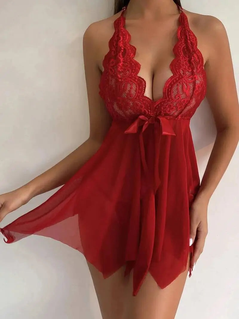 Women's Erotic Deep V-Neck Babydoll Nightdress w/Thong