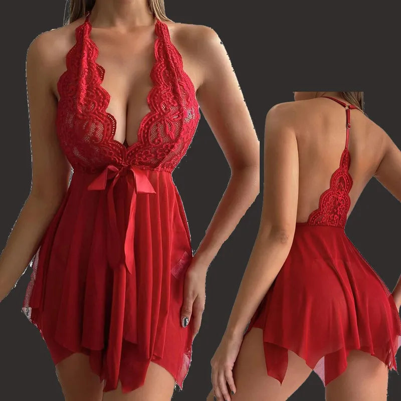 Women's Erotic Deep V-Neck Babydoll Nightdress w/Thong