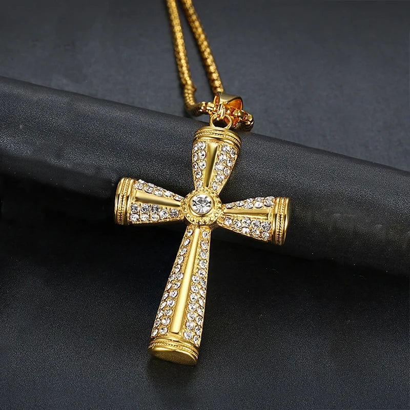 Religious Iced Out Bling Cross Pendants Necklaces For Women Men Gold Color Male Stainless Steel Christian Jewelry Dropshipping