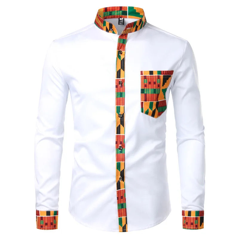 New African Clothing Men's Shirt Standing Neck Digital Printing Long Sleeve Flower Shirt Men's Cardigan Top