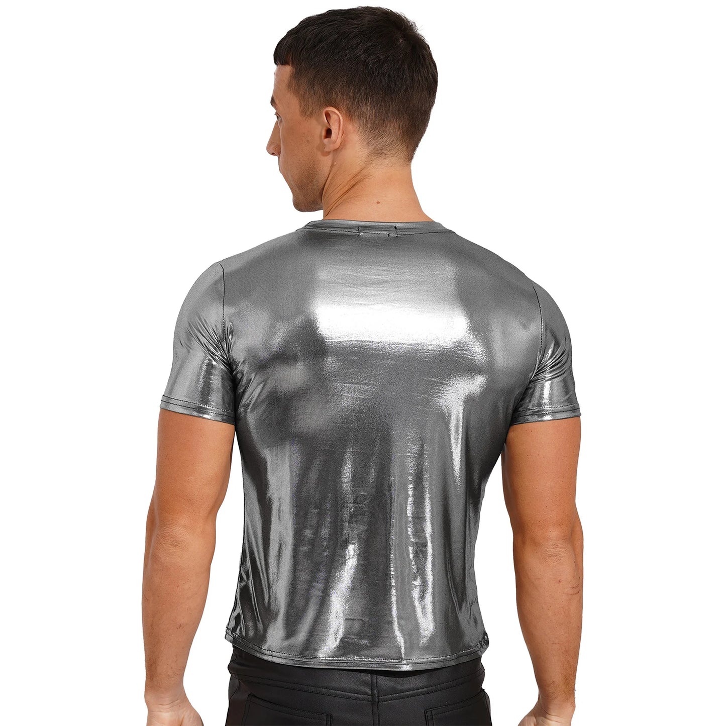 Men's Clothing Shiny Casual T-shirt Tops Sparkling Round Neck T-shirt Clubwear Round Neckline Short Sleeves Loose Fit Tees Tops