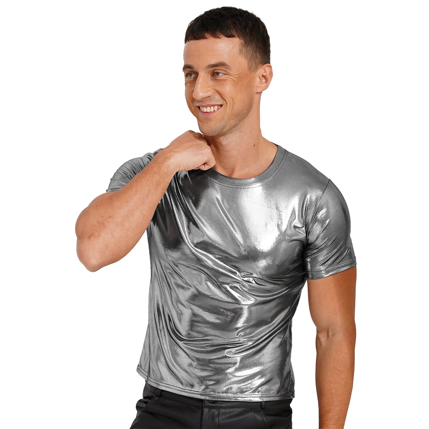 Men's Clothing Shiny Casual T-shirt Tops Sparkling Round Neck T-shirt Clubwear Round Neckline Short Sleeves Loose Fit Tees Tops