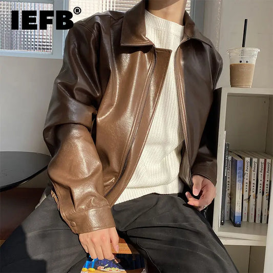 IEFB Men's Clothing Autumn New Oversize Coat Korean Trend Loose Casual PU Leather Jacket Coat Male Zipper Lapel Clothes 9Y4382