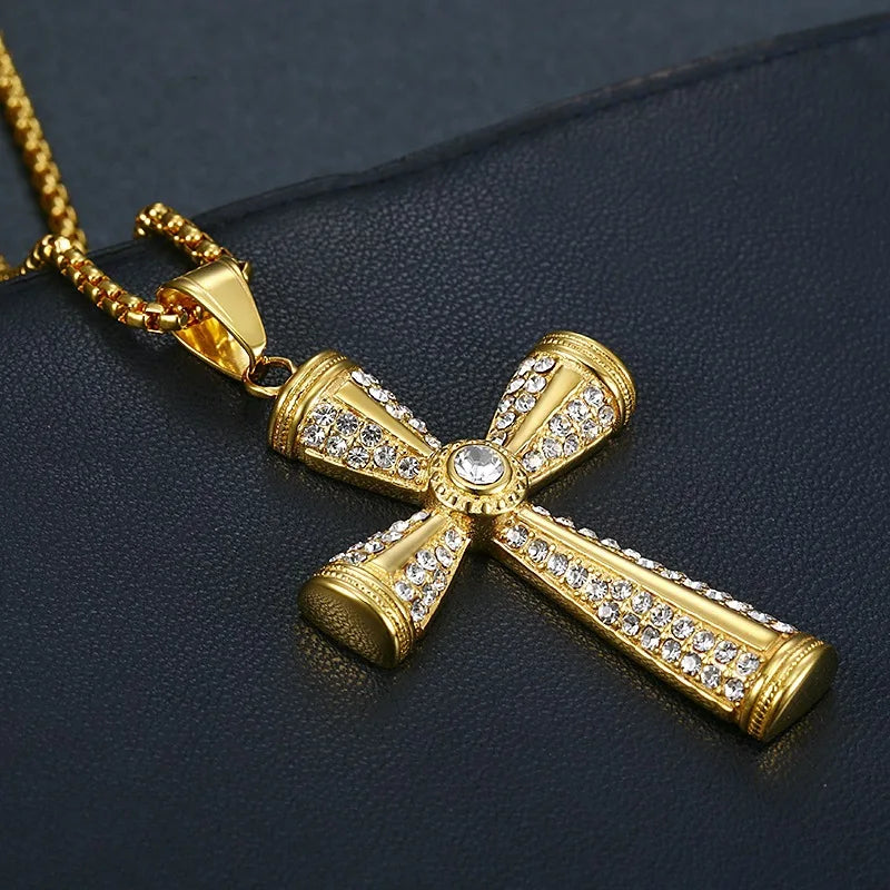 Religious Iced Out Bling Cross Pendants Necklaces For Women Men Gold Color Male Stainless Steel Christian Jewelry Dropshipping