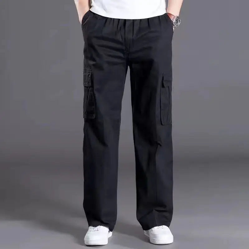 Men's casual trousers cotton overalls elastic waist full len multi-pocket plus fertilizer XL men's clothing big size cargo pants