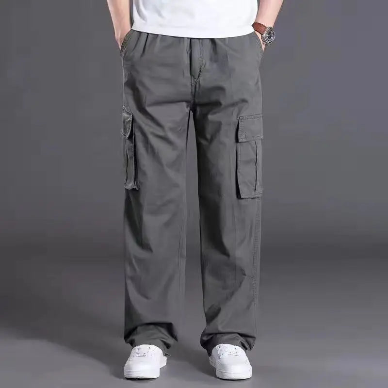 Men's casual trousers cotton overalls elastic waist full len multi-pocket plus fertilizer XL men's clothing big size cargo pants