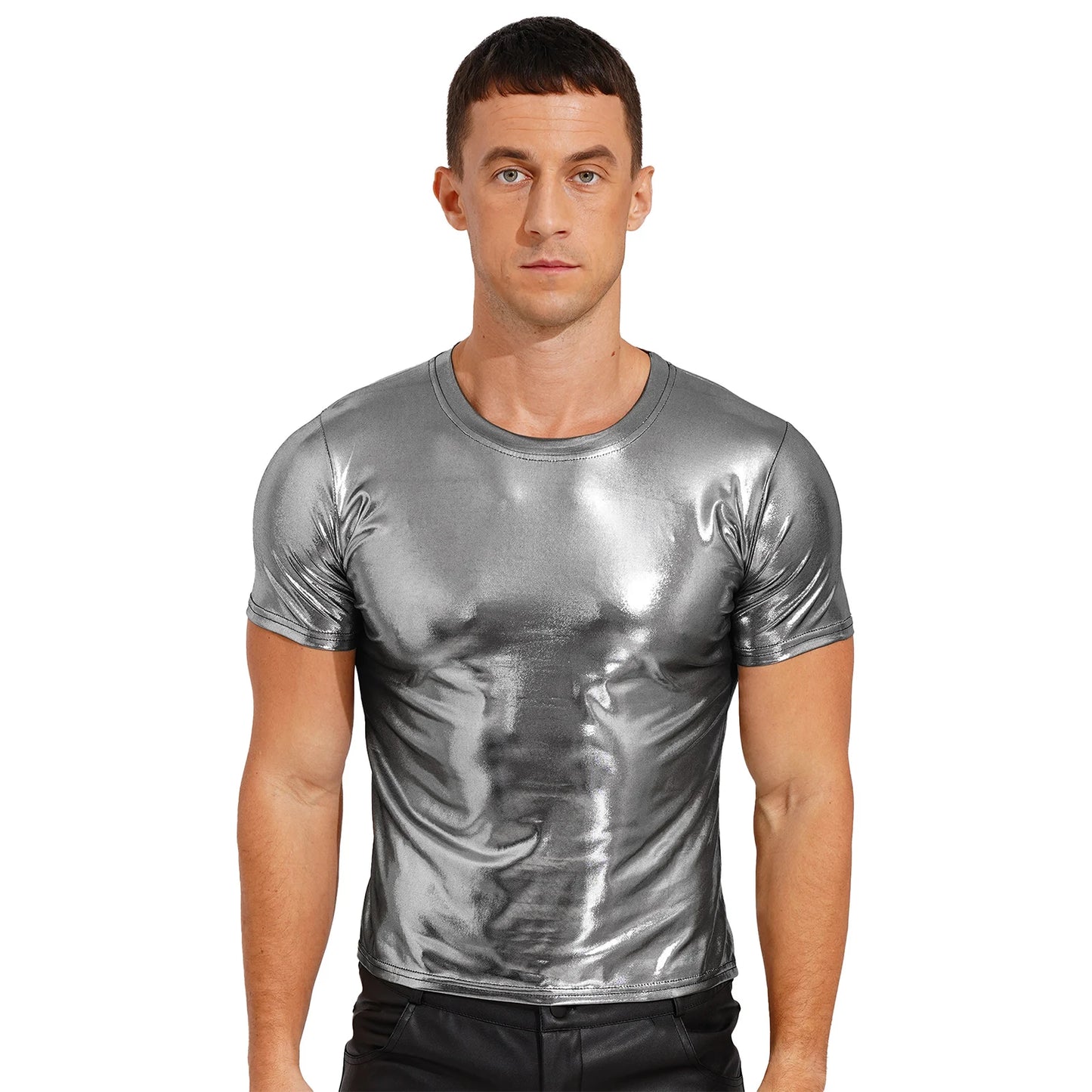 Men's Clothing Shiny Casual T-shirt Tops Sparkling Round Neck T-shirt Clubwear Round Neckline Short Sleeves Loose Fit Tees Tops