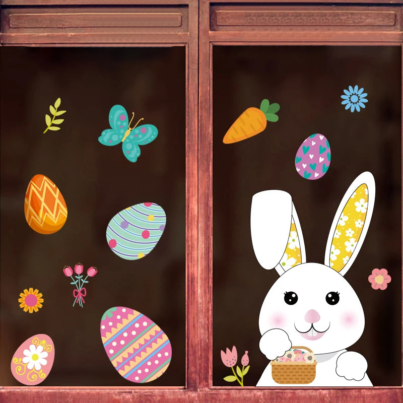 Happy Easter Window Stickers Rabbit Eggs Chick Wall Stickers Easter Decorations for Home 2022 Easter Party Bunny Wall Decals