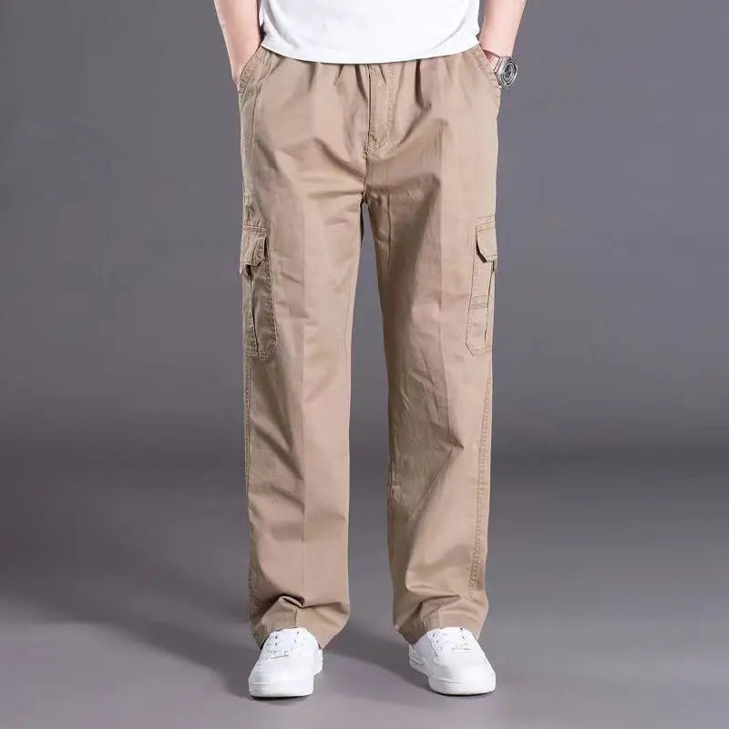 Men's casual trousers cotton overalls elastic waist full len multi-pocket plus fertilizer XL men's clothing big size cargo pants