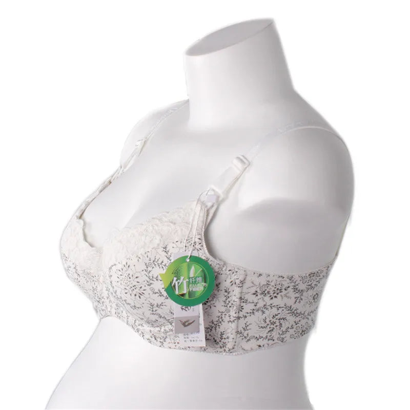 Maternity Nursing Bra Feeding For Pregnant Women Bamboo Fiber Flower Lace Underwear With Wire Anti Sagging Gravidas