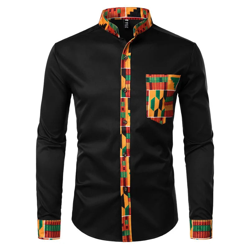 New African Clothing Men's Shirt Standing Neck Digital Printing Long Sleeve Flower Shirt Men's Cardigan Top