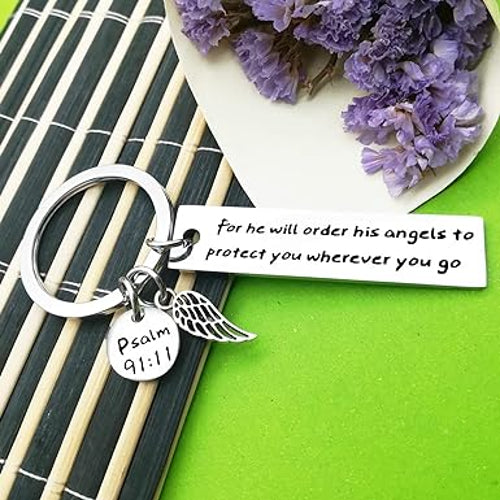 "For he Will Order his Angels to Protect You" Prayer Psalm Key Chain