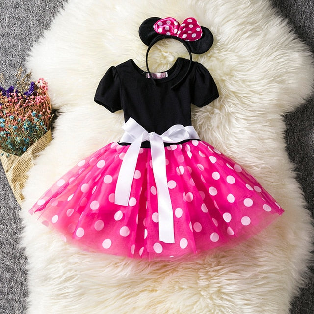 Fancy Princess Polka Dot Dresses with Mouse-Ears Headband